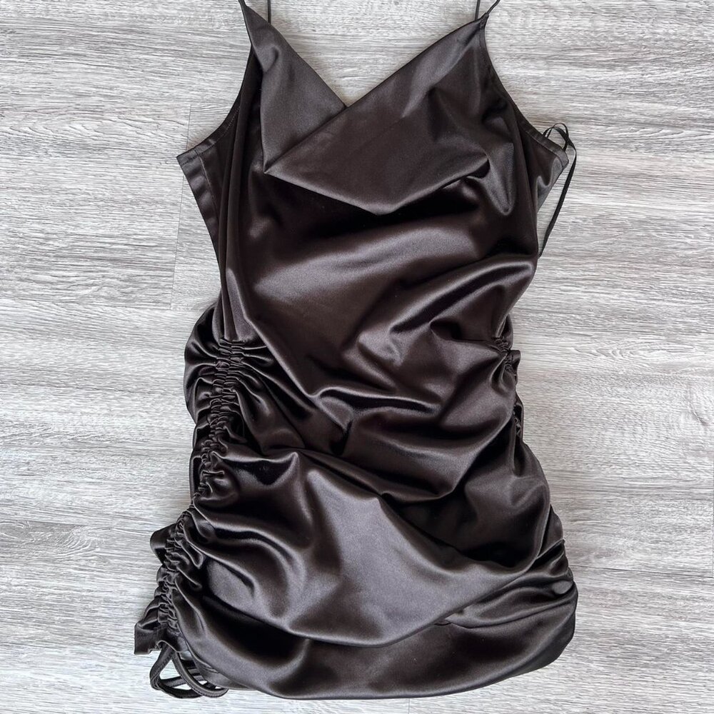 H&M Satin Silk Ruched Cowl Neck Mini Dress